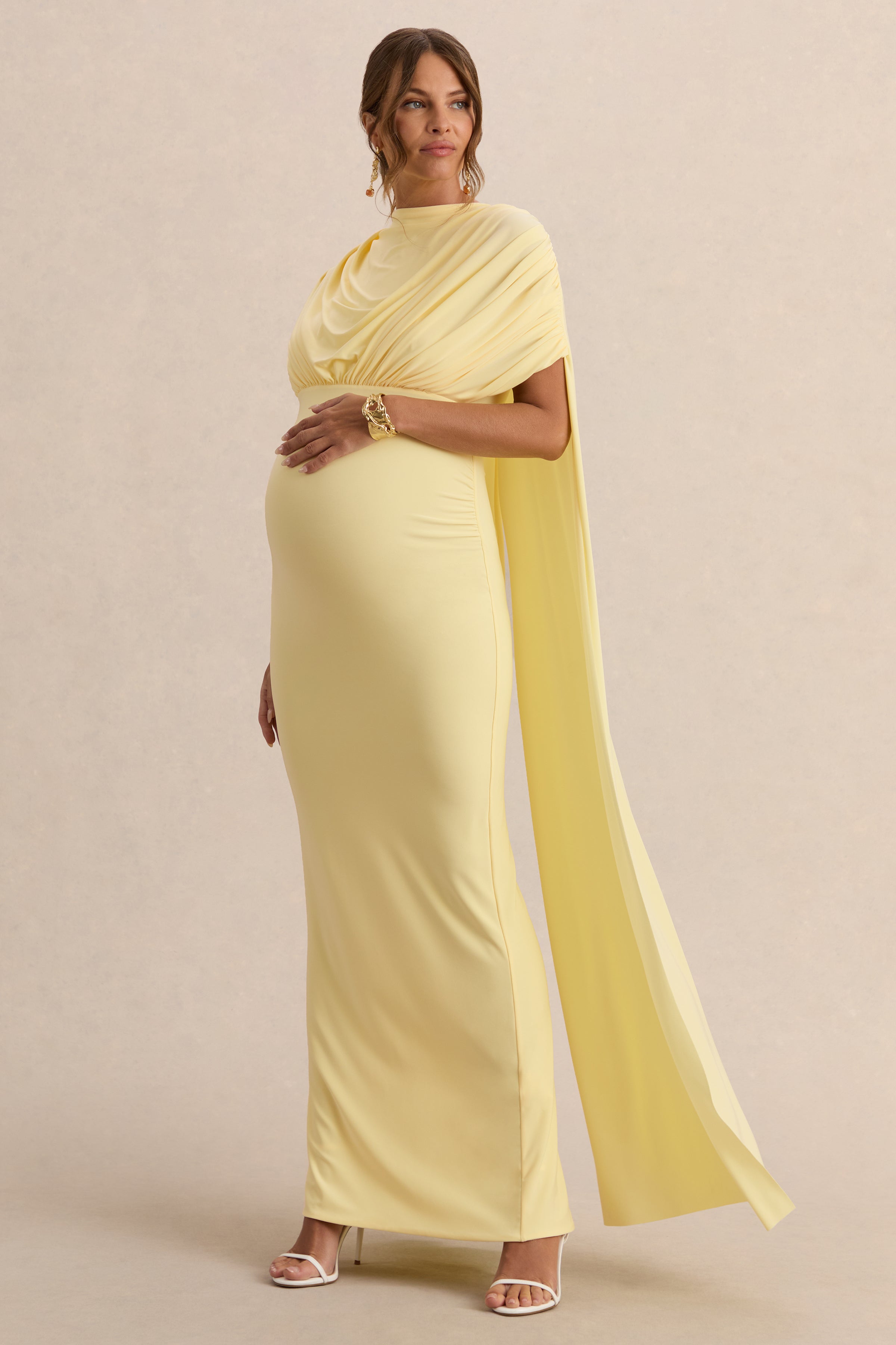 Driftly | Araminta Lemon Bardot-Neck Maternity Maxi Dress With Cape Sleeves