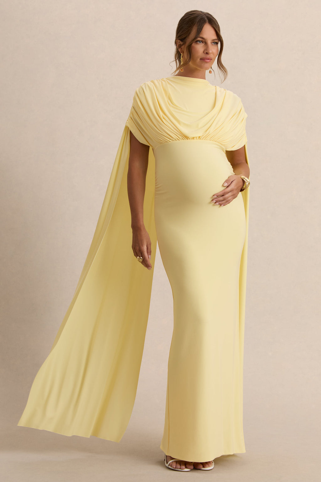 Driftly | Araminta Lemon Bardot-Neck Maternity Maxi Dress With Cape Sleeves