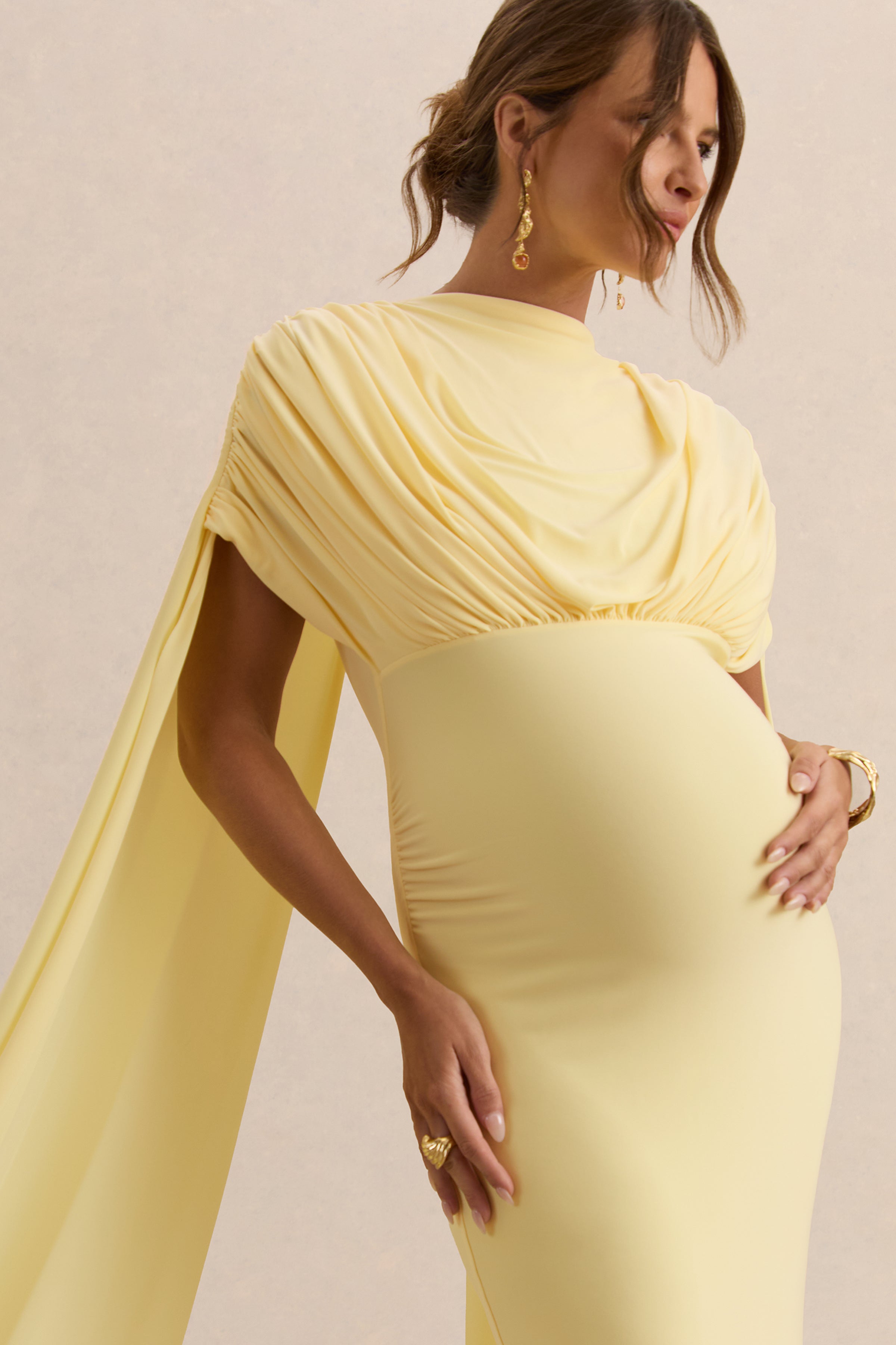 Driftly | Araminta Lemon Bardot-Neck Maternity Maxi Dress With Cape Sleeves