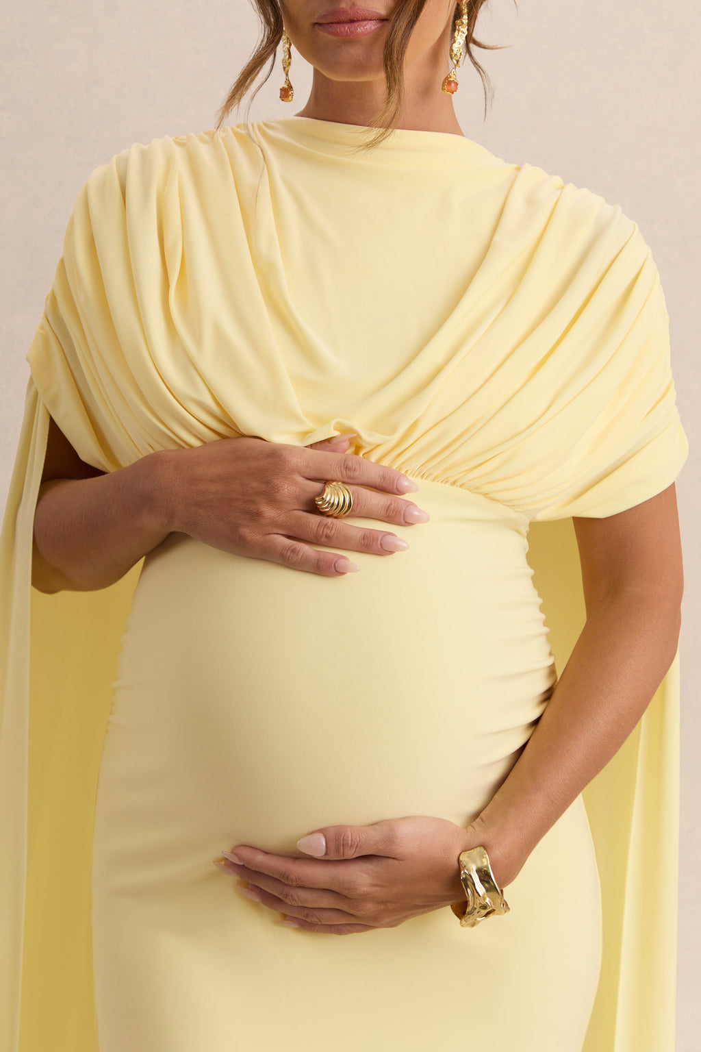 Driftly | Araminta Lemon Bardot-Neck Maternity Maxi Dress With Cape Sleeves