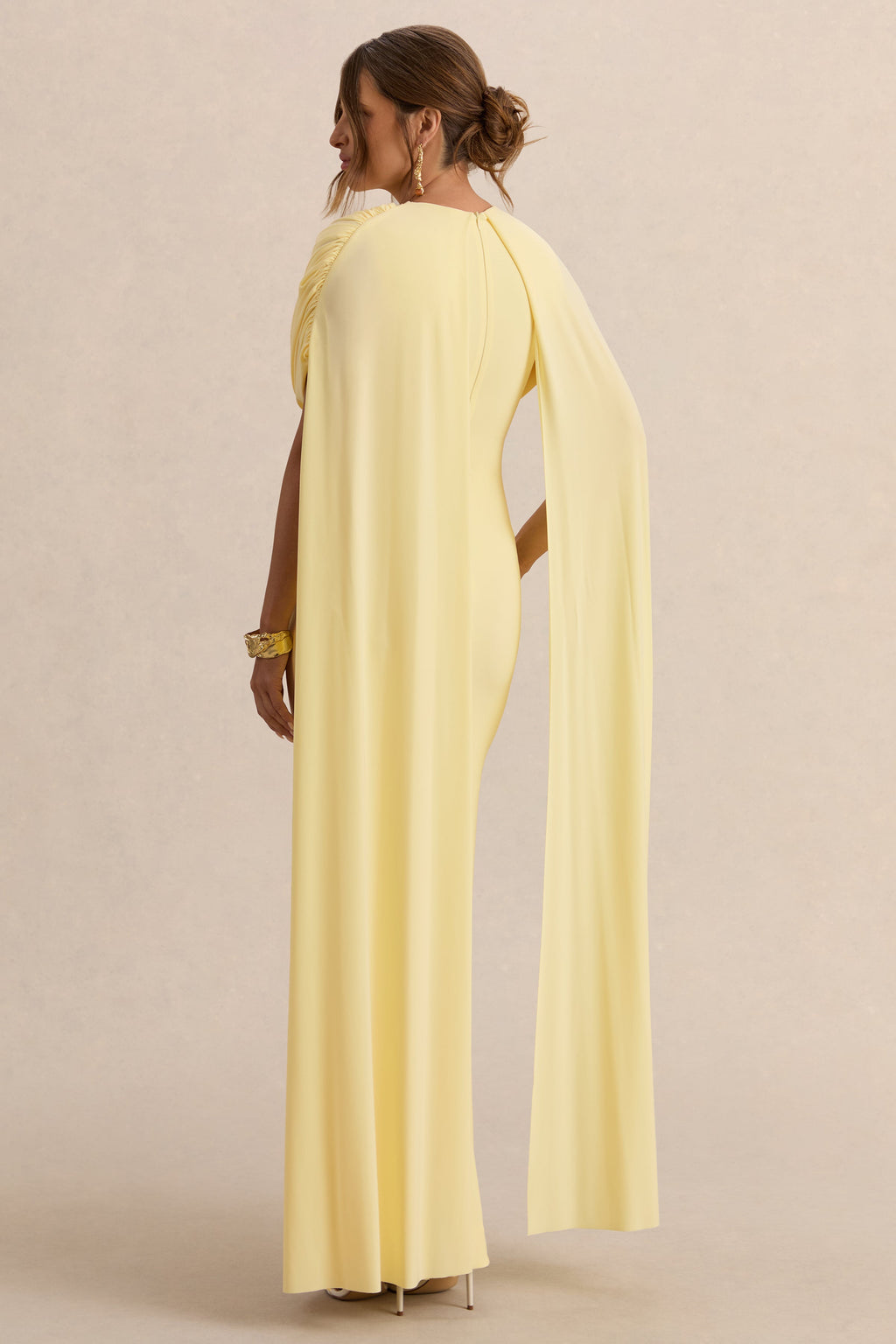 Driftly | Araminta Lemon Bardot-Neck Maternity Maxi Dress With Cape Sleeves