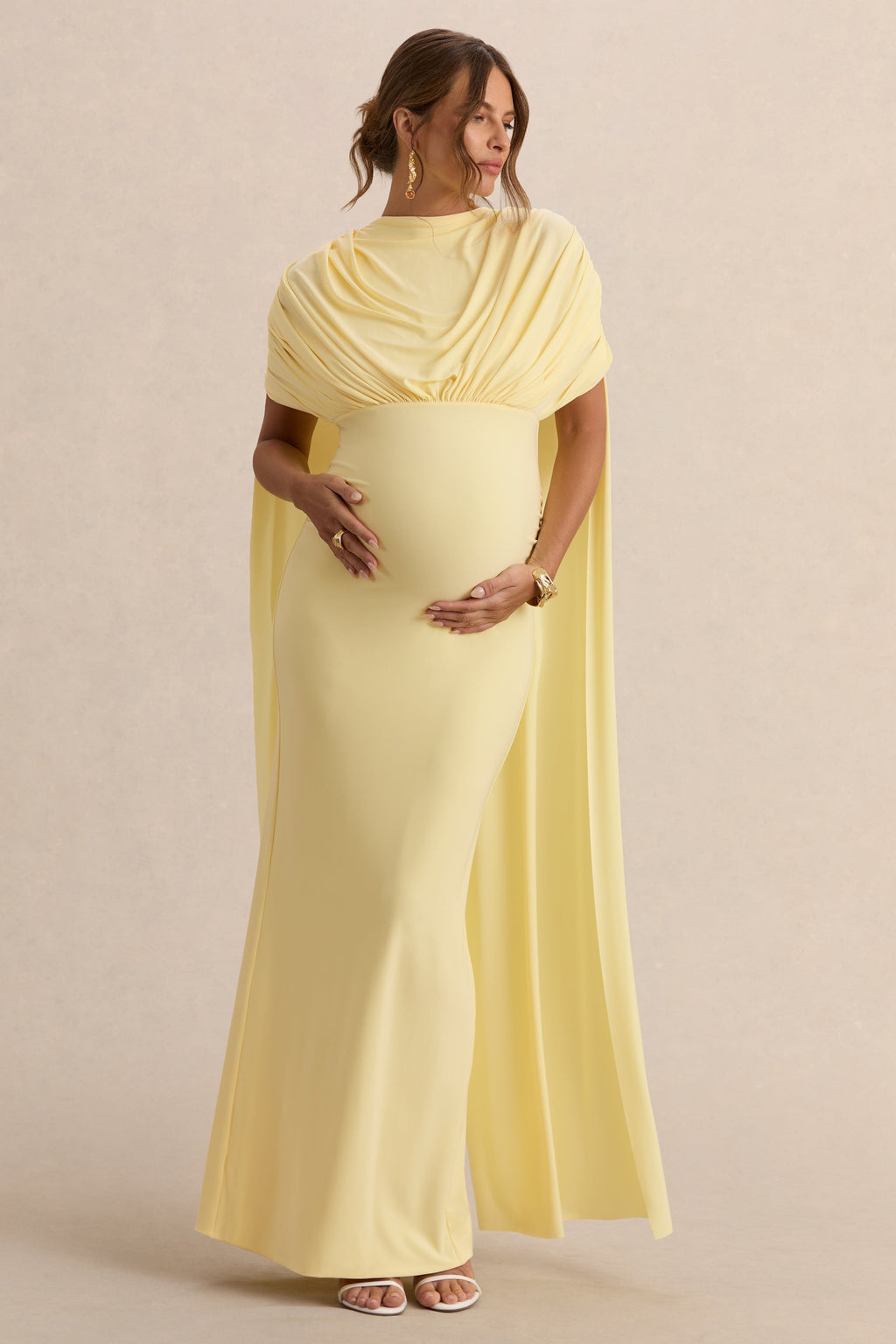 Driftly | Araminta Lemon Bardot-Neck Maternity Maxi Dress With Cape Sleeves
