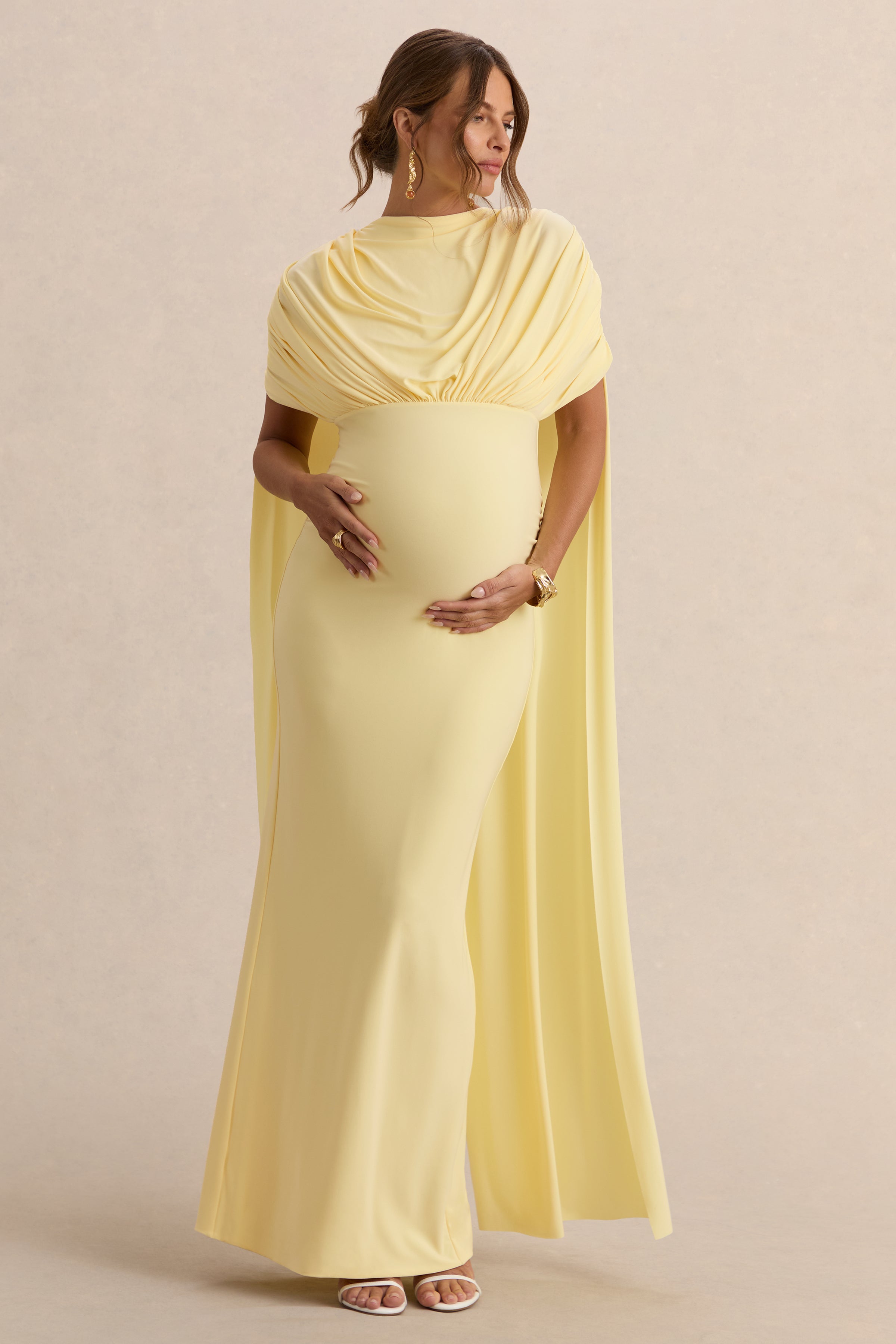 Driftly | Araminta Lemon Bardot-Neck Maternity Maxi Dress With Cape Sleeves