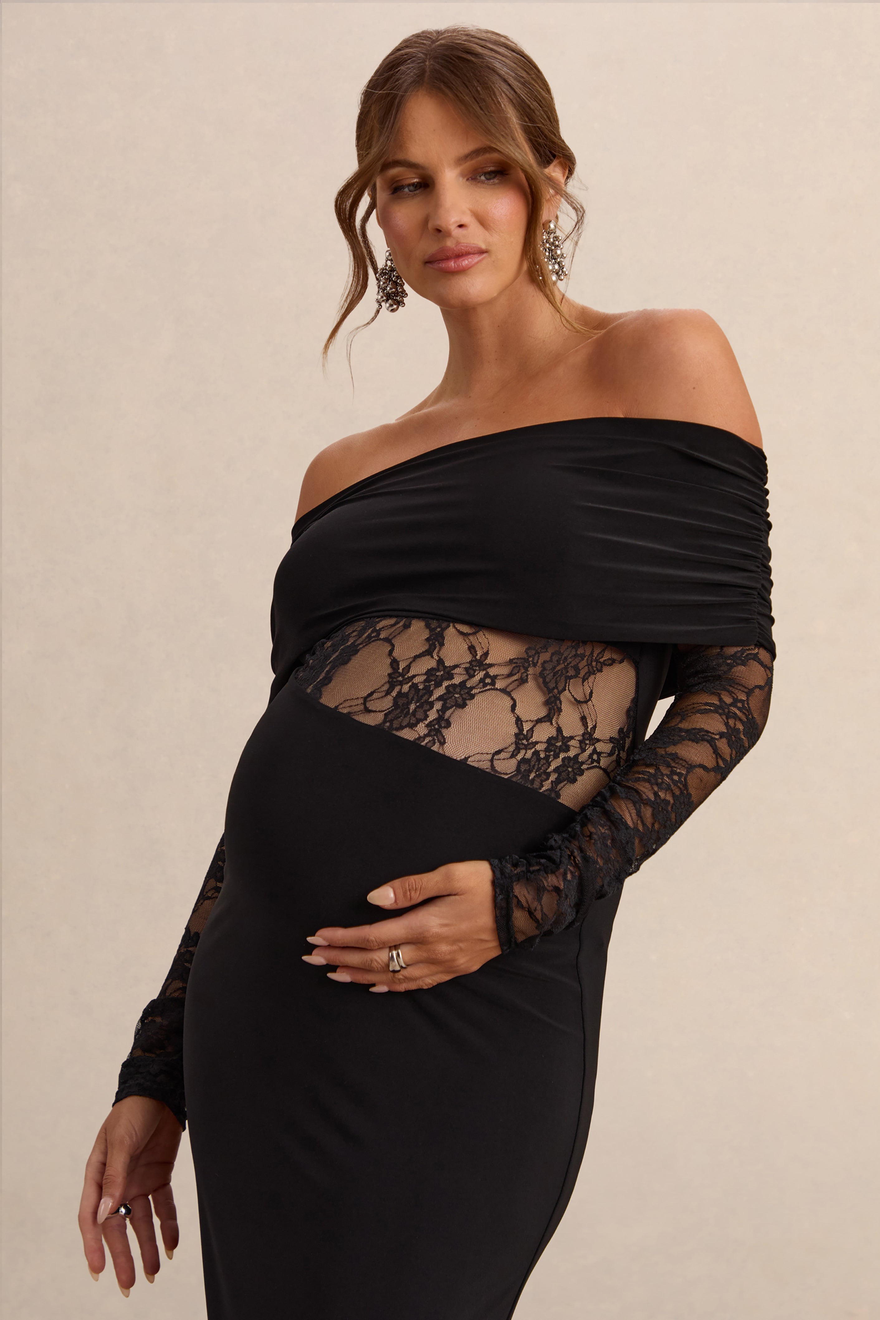 Driftly | Artemisia Black Bardot-Neck Maternity Maxi Dress With Lace Detailing