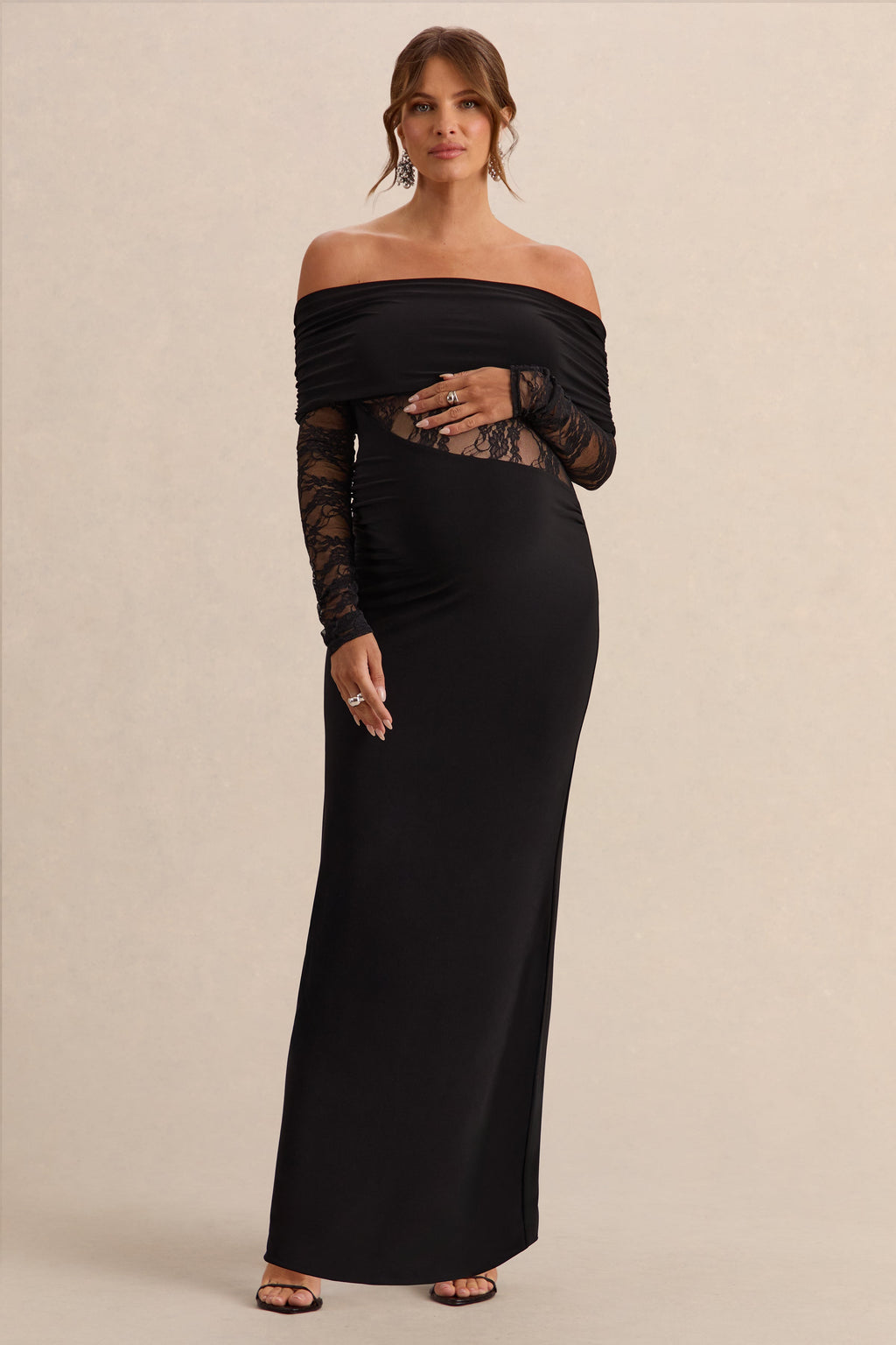 Driftly | Artemisia Black Bardot-Neck Maternity Maxi Dress With Lace Detailing