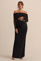 Driftly | Artemisia Black Bardot-Neck Maternity Maxi Dress With Lace Detailing
