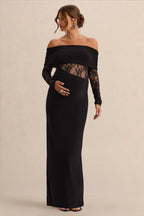 Driftly | Artemisia Black Bardot-Neck Maternity Maxi Dress With Lace Detailing