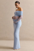 Driftly | Artemisia Light Blue Bardot-Neck Maternity Maxi Dress With Lace Detailing