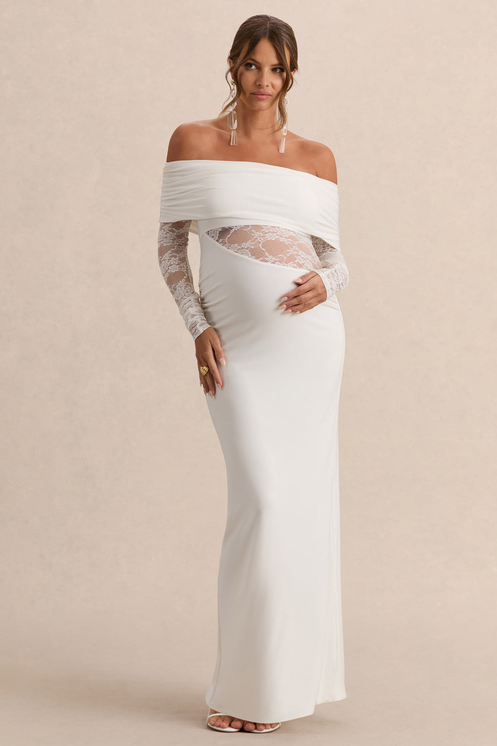 Driftly | Artemisia White Bardot-Neck Maternity Maxi Dress With Lace Detailing
