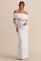 Driftly | Artemisia White Bardot-Neck Maternity Maxi Dress With Lace Detailing