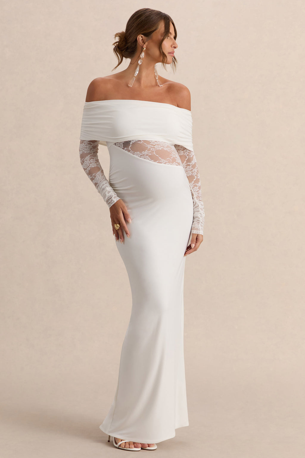 Driftly | Artemisia White Bardot-Neck Maternity Maxi Dress With Lace Detailing