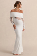 Driftly | Artemisia White Bardot-Neck Maternity Maxi Dress With Lace Detailing