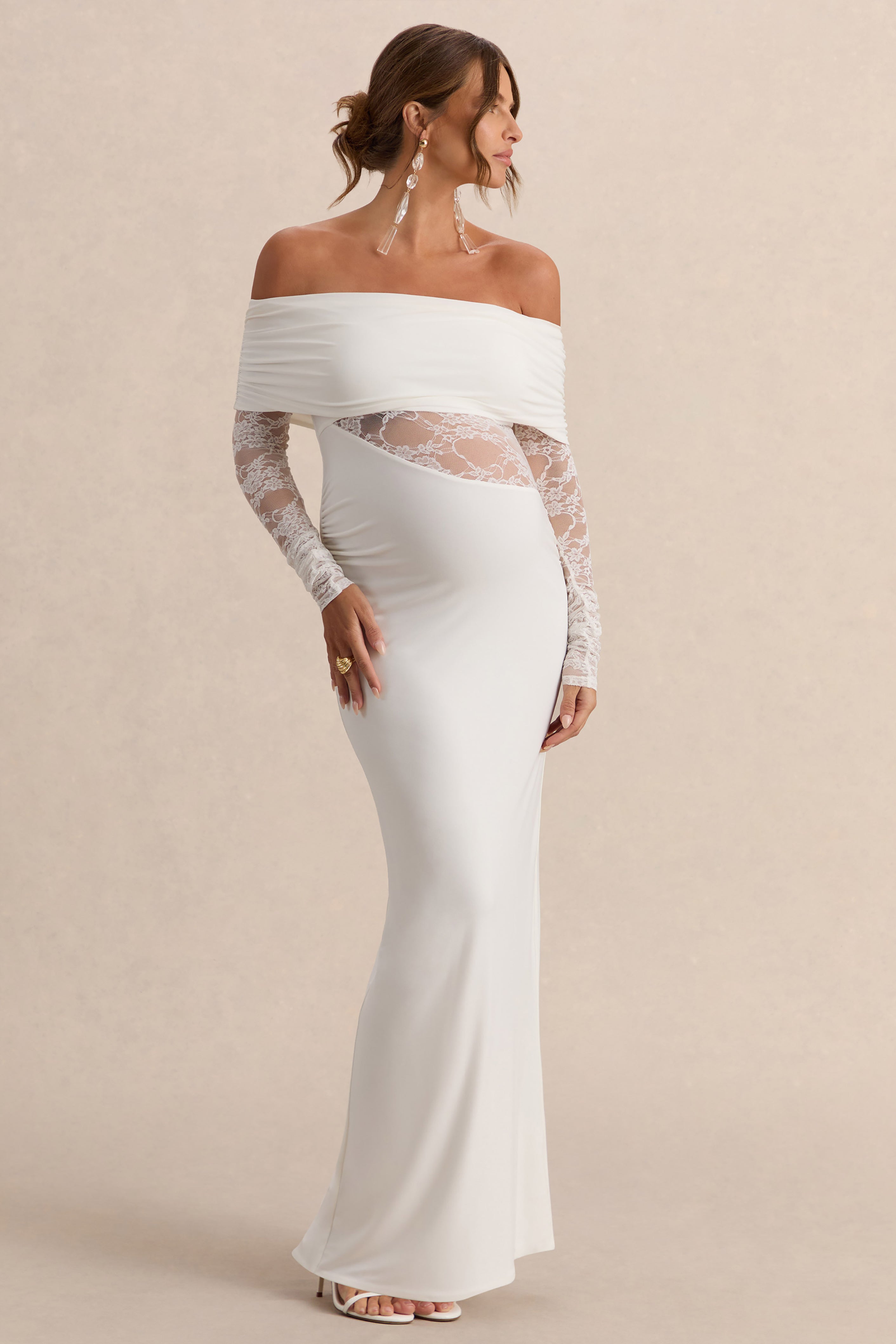 Driftly | Artemisia White Bardot-Neck Maternity Maxi Dress With Lace Detailing