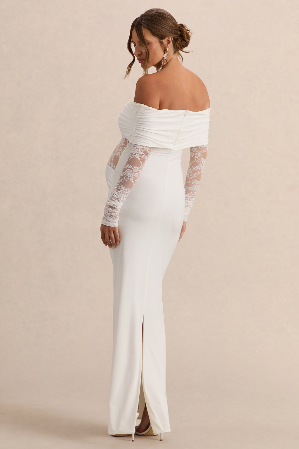 Driftly | Artemisia White Bardot-Neck Maternity Maxi Dress With Lace Detailing