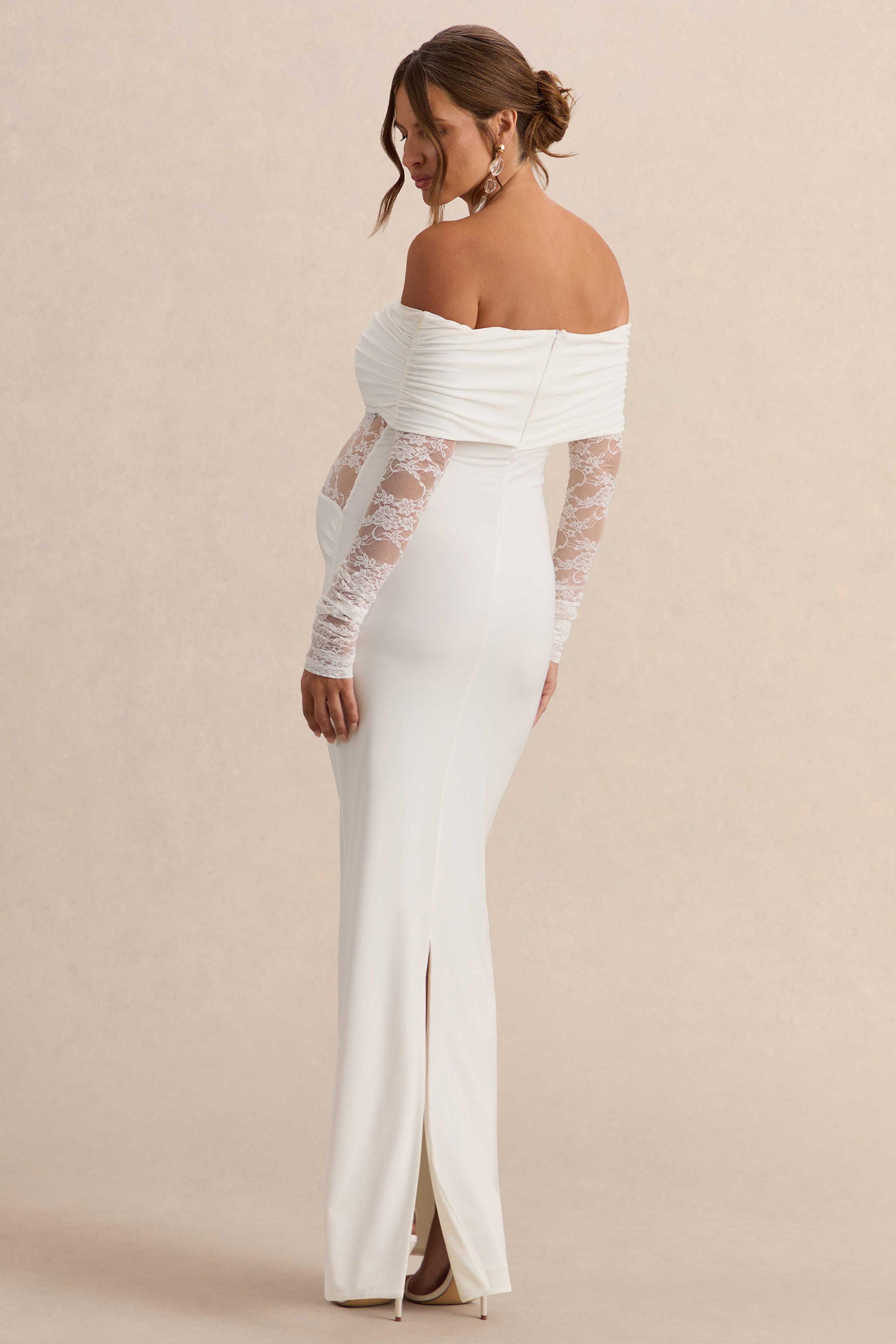 Driftly | Artemisia White Bardot-Neck Maternity Maxi Dress With Lace Detailing