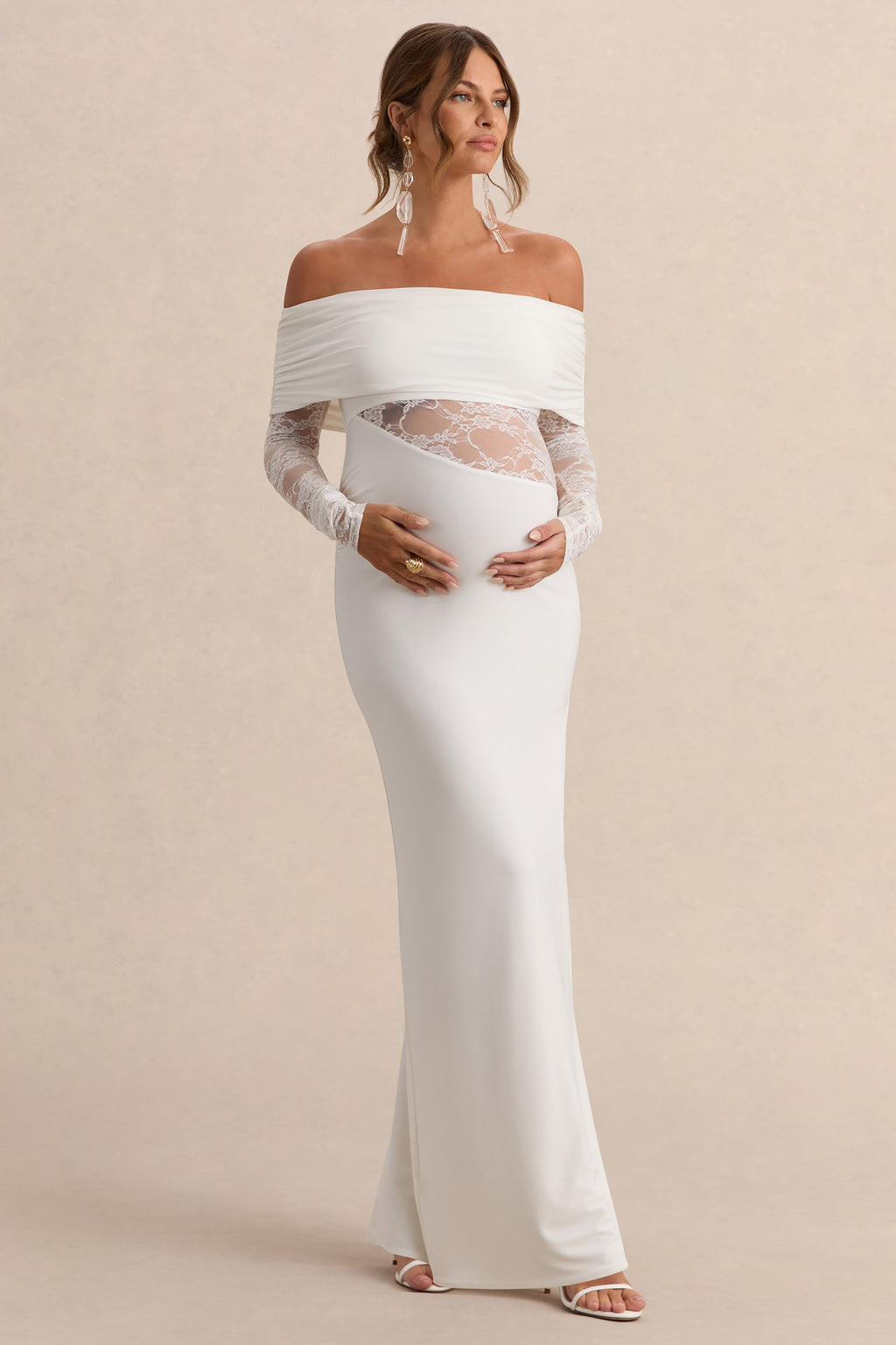Driftly | Artemisia White Bardot-Neck Maternity Maxi Dress With Lace Detailing