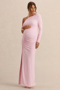 Driftly | Cassiana Light Pink Asymmetric-Neck Maternity Maxi Dress With Front-High Split