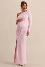 Driftly | Cassiana Light Pink Asymmetric-Neck Maternity Maxi Dress With Front-High Split