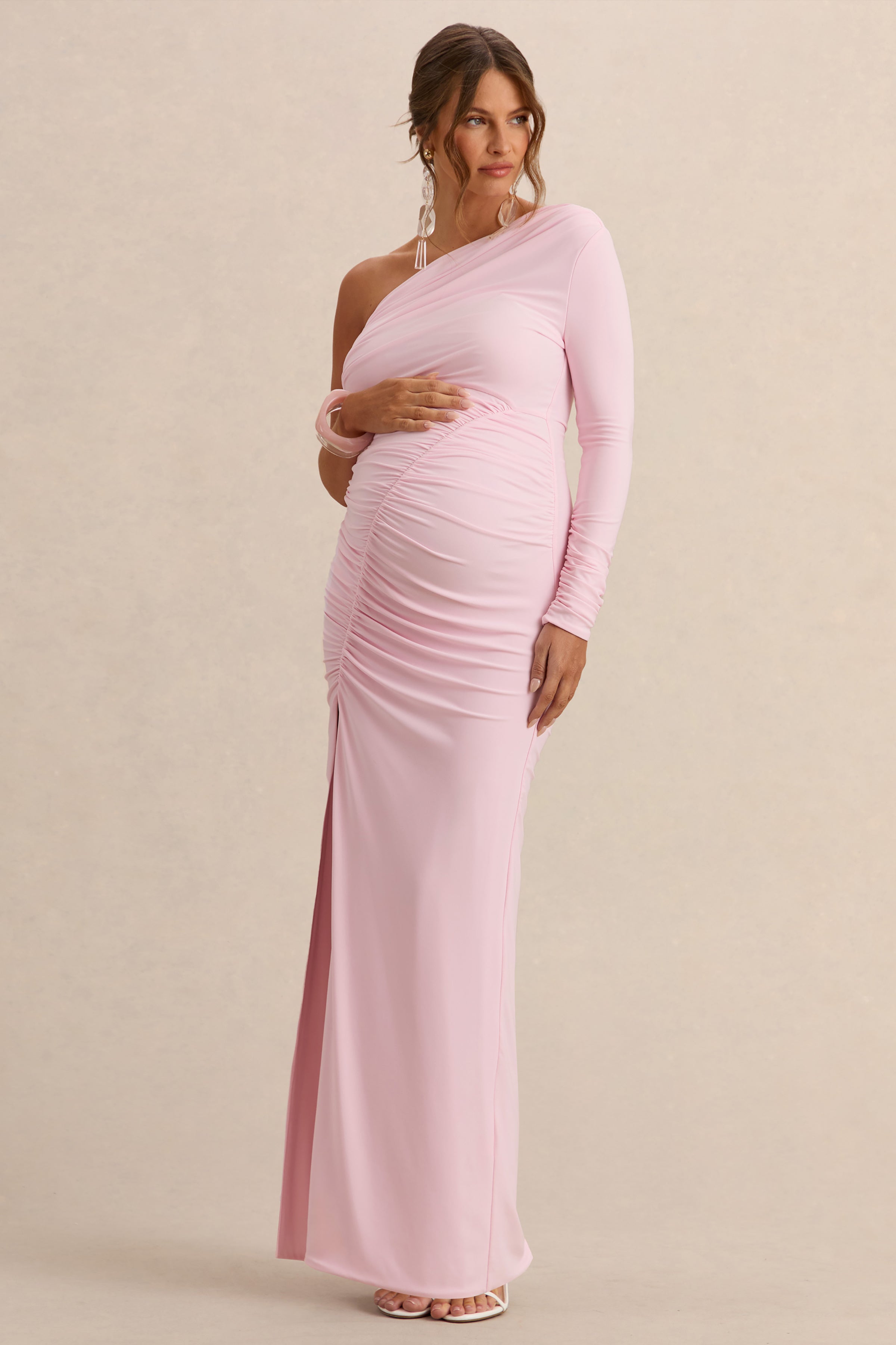 Driftly | Cassiana Light Pink Asymmetric-Neck Maternity Maxi Dress With Front-High Split