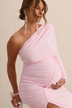 Driftly | Cassiana Light Pink Asymmetric-Neck Maternity Maxi Dress With Front-High Split