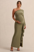 Driftly | Drusilla Olive Asymmetric-Neck Maternity Maxi Dress With Gathered Detailing