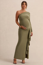 Driftly | Drusilla Olive Asymmetric-Neck Maternity Maxi Dress With Gathered Detailing