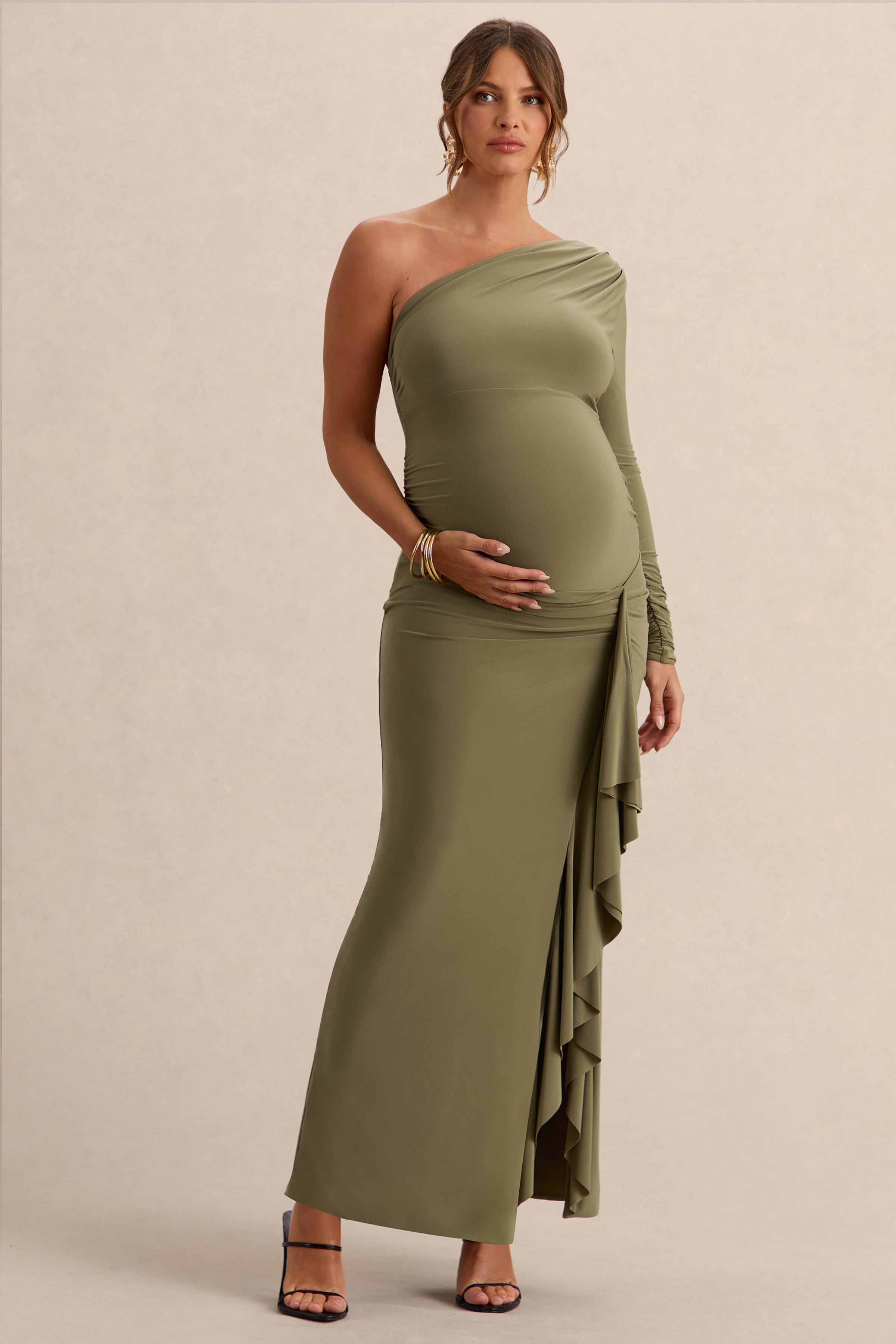 Driftly | Drusilla Olive Asymmetric-Neck Maternity Maxi Dress With Gathered Detailing