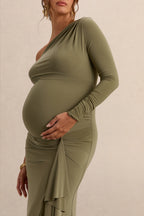 Driftly | Drusilla Olive Asymmetric-Neck Maternity Maxi Dress With Gathered Detailing
