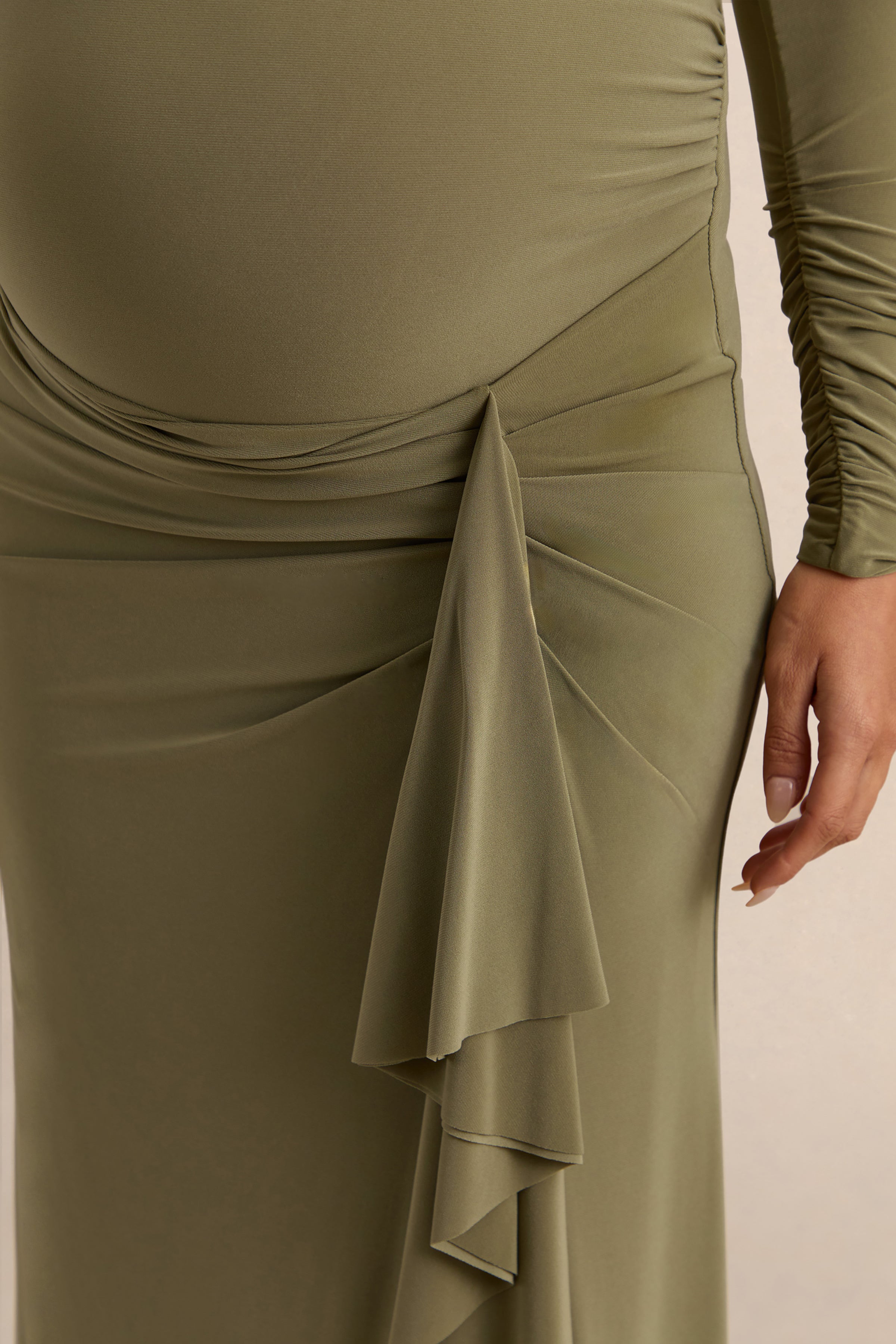 Driftly | Drusilla Olive Asymmetric-Neck Maternity Maxi Dress With Gathered Detailing