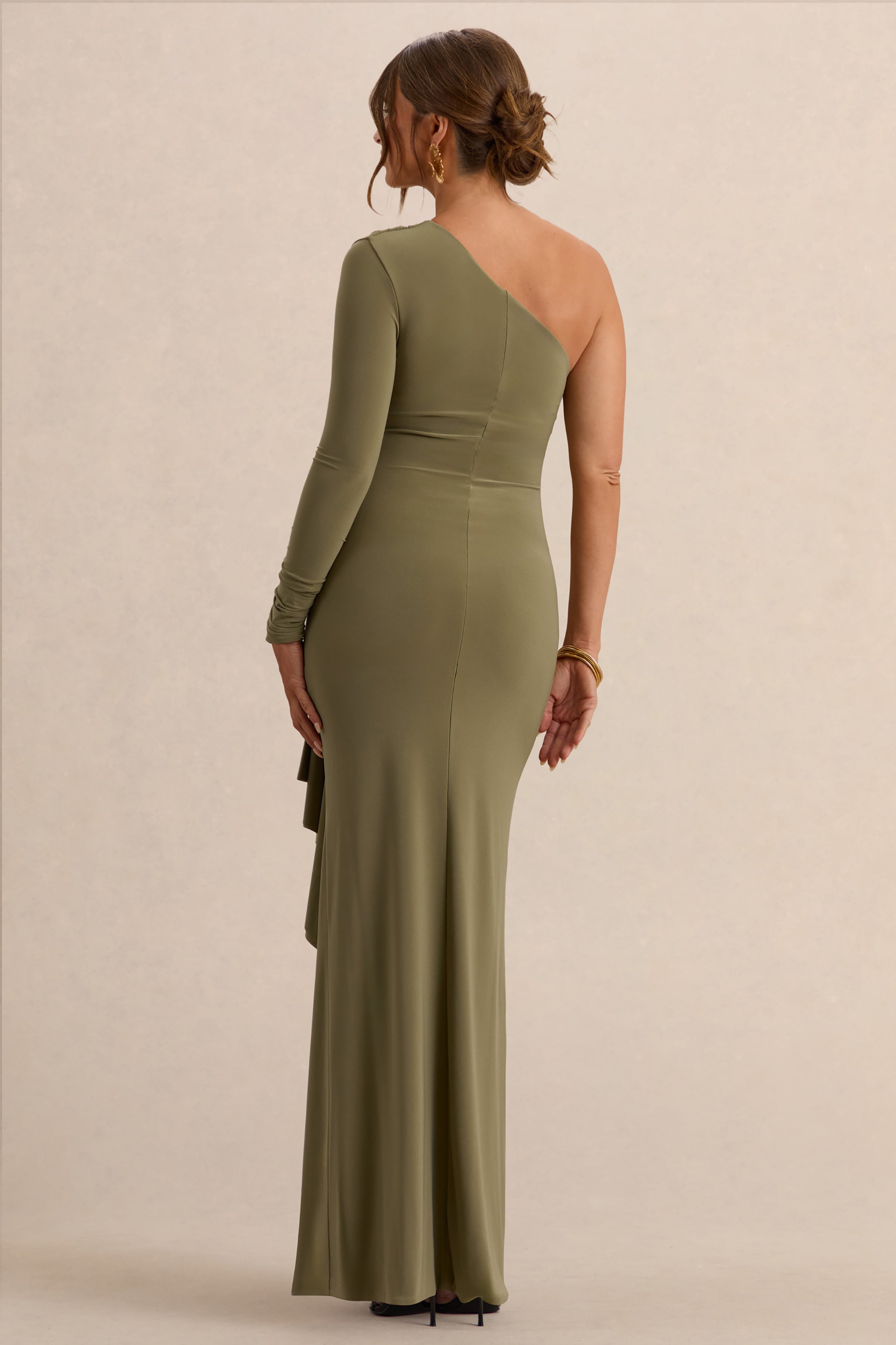 Driftly | Drusilla Olive Asymmetric-Neck Maternity Maxi Dress With Gathered Detailing