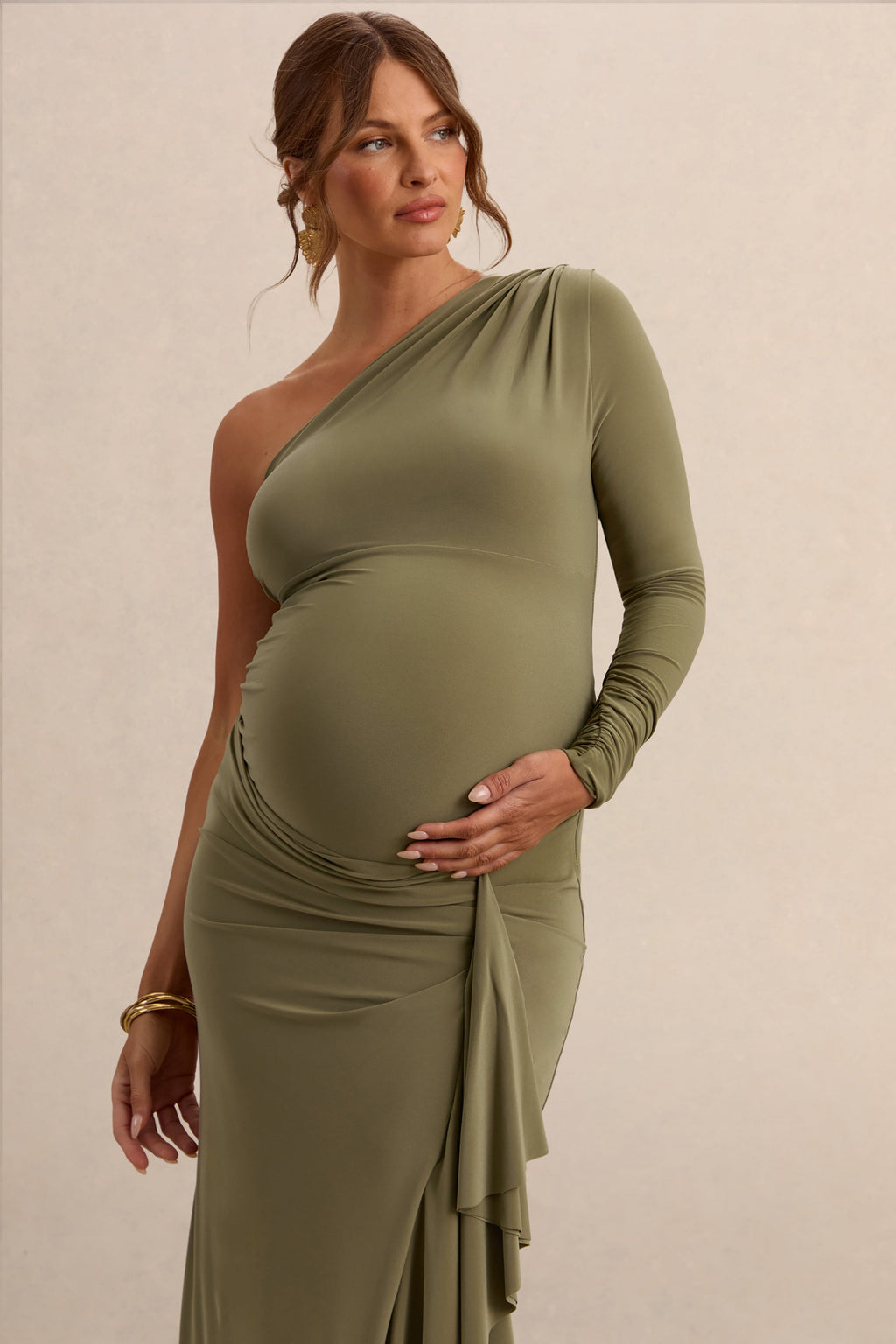 Driftly | Drusilla Olive Asymmetric-Neck Maternity Maxi Dress With Gathered Detailing