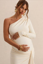 Driftly | Drusilla Cream Asymmetric-Neck Maternity Maxi Dress With Gathered Detailing