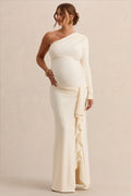 Driftly | Drusilla Cream Asymmetric-Neck Maternity Maxi Dress With Gathered Detailing