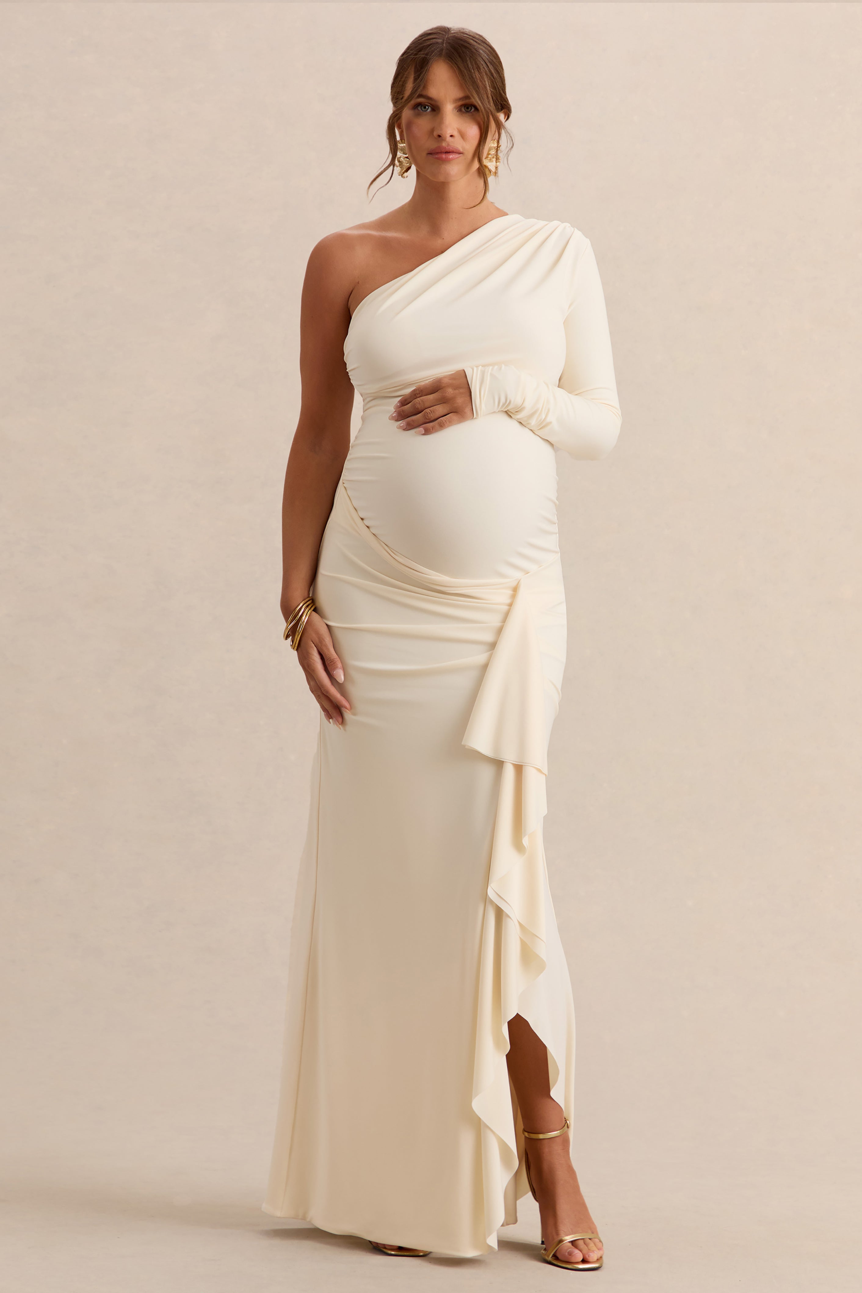 Driftly | Drusilla Cream Asymmetric-Neck Maternity Maxi Dress With Gathered Detailing