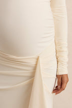 Driftly | Drusilla Cream Asymmetric-Neck Maternity Maxi Dress With Gathered Detailing