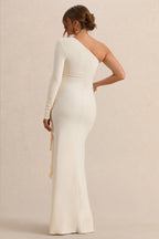 Driftly | Drusilla Cream Asymmetric-Neck Maternity Maxi Dress With Gathered Detailing