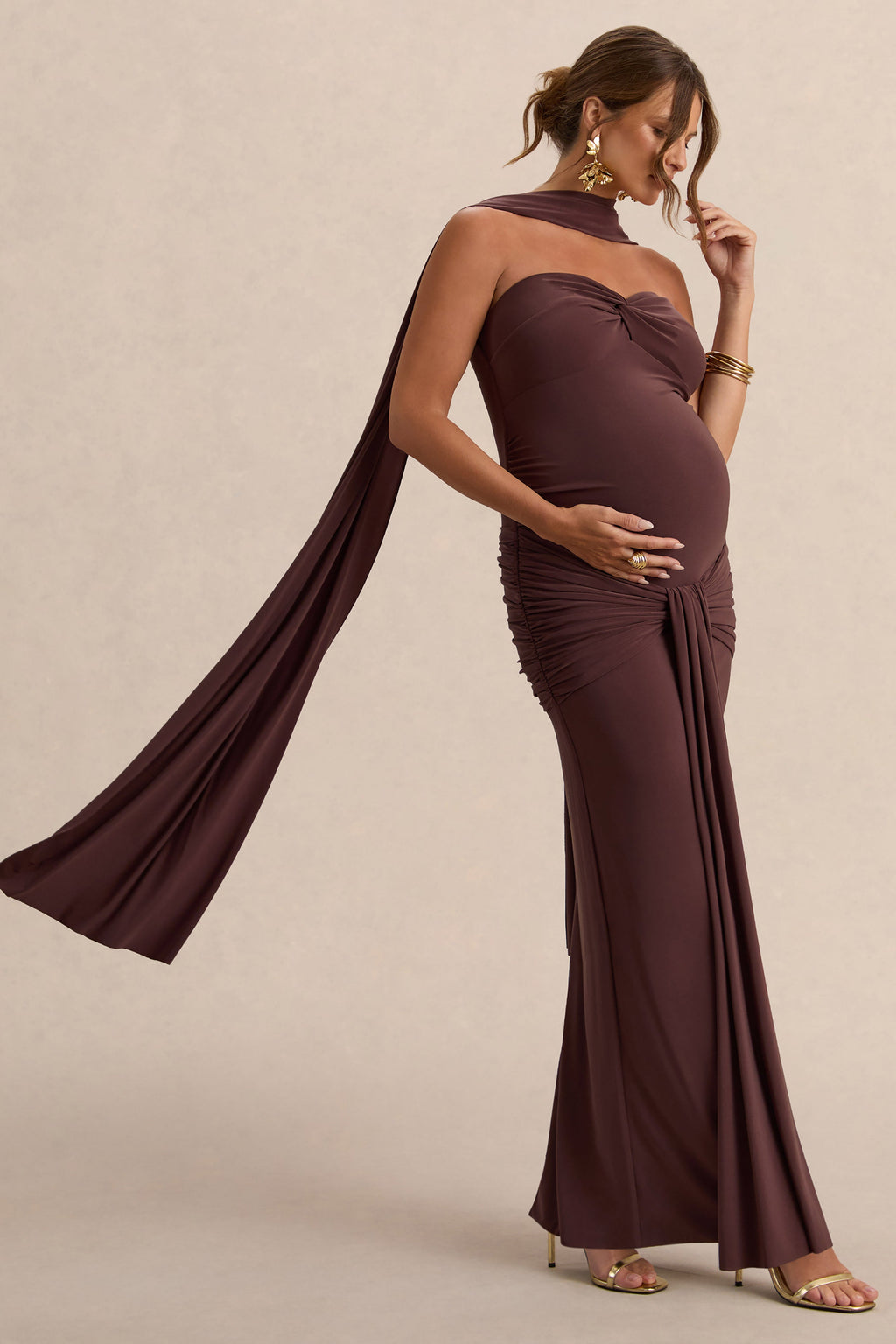 Driftly | Faustina Dark Brown Bandeau-Neck Maternity Maxi Dress With Scarf Detail And Gathered Detailing