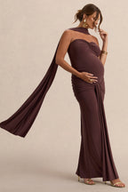 Driftly | Faustina Dark Brown Bandeau-Neck Maternity Maxi Dress With Scarf Detail And Gathered Detailing