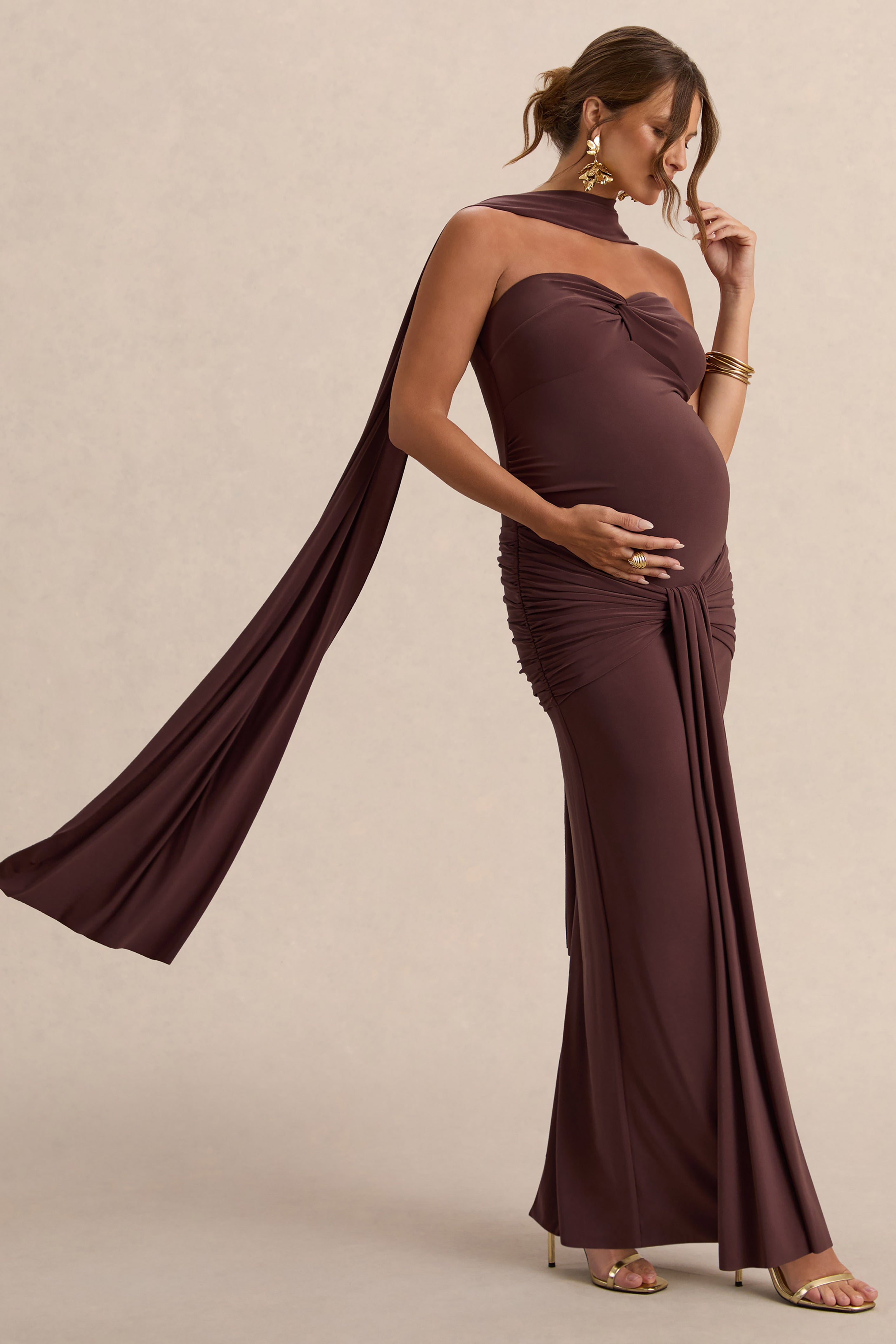Driftly | Faustina Dark Brown Bandeau-Neck Maternity Maxi Dress With Scarf Detail And Gathered Detailing