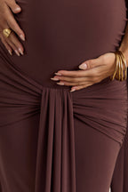 Faustina Dark Brown Bandeau-Neck Maternity Maxi Dress With Scarf Detail And Gathered Detailing – second lifestyle photo