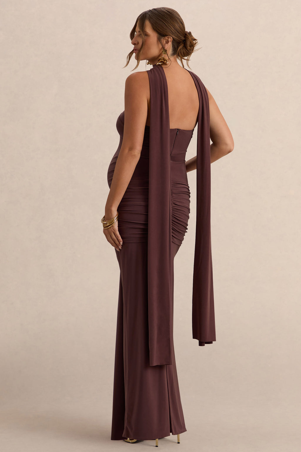 Driftly | Faustina Dark Brown Bandeau-Neck Maternity Maxi Dress With Scarf Detail And Gathered Detailing