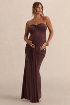 Driftly | Faustina Dark Brown Bandeau-Neck Maternity Maxi Dress With Scarf Detail And Gathered Detailing