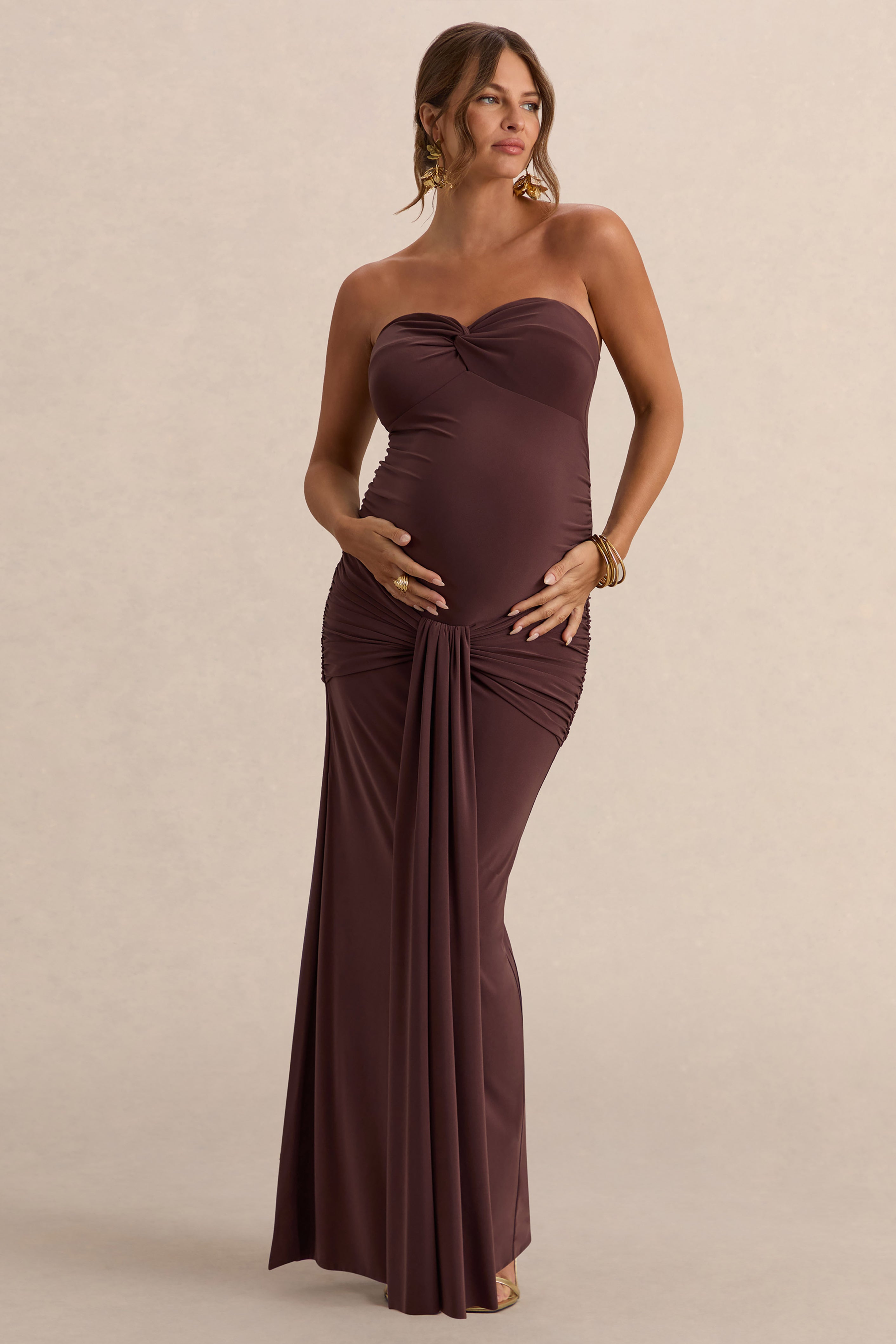 Driftly | Faustina Dark Brown Bandeau-Neck Maternity Maxi Dress With Scarf Detail And Gathered Detailing