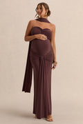 Driftly | Faustina Dark Brown Bandeau-Neck Maternity Maxi Dress With Scarf Detail And Gathered Detailing