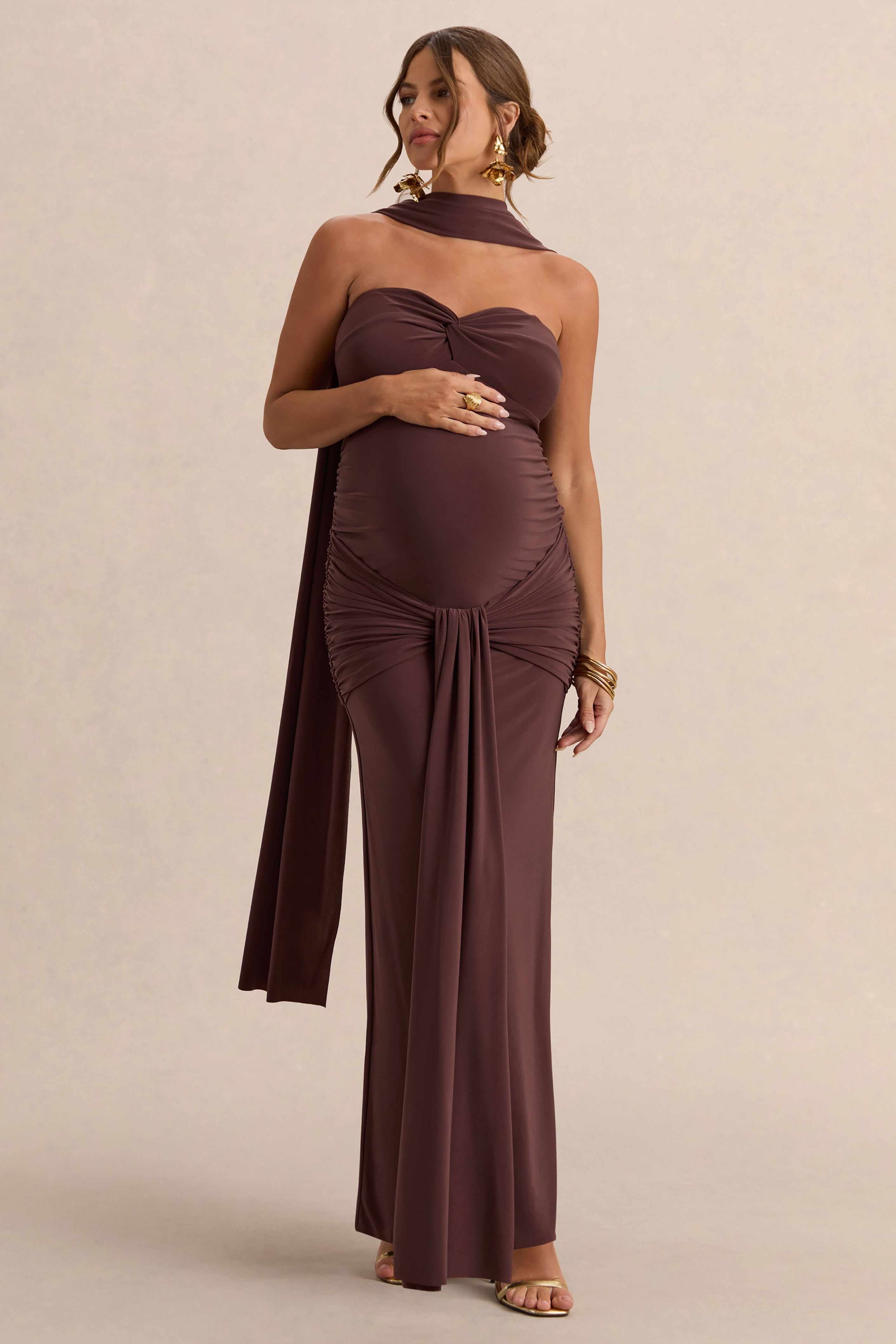 Driftly | Faustina Dark Brown Bandeau-Neck Maternity Maxi Dress With Scarf Detail And Gathered Detailing