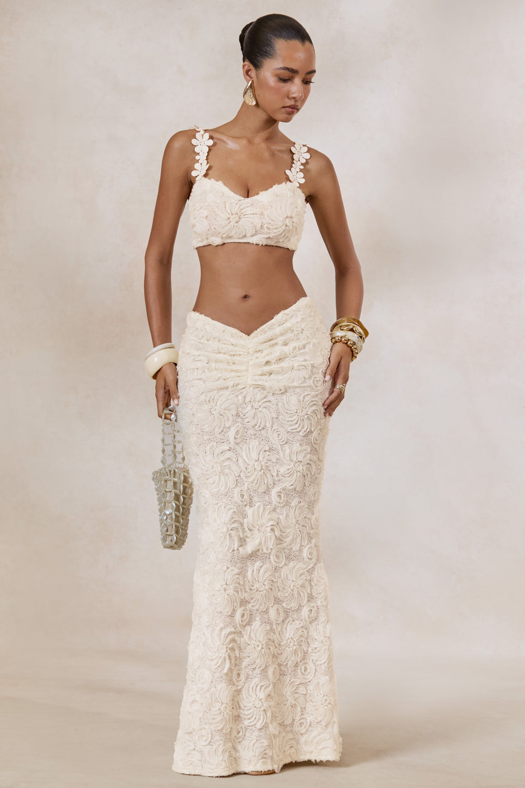 Driftly | Skirt Women's White Lace Maxi With Gathered Detailing
