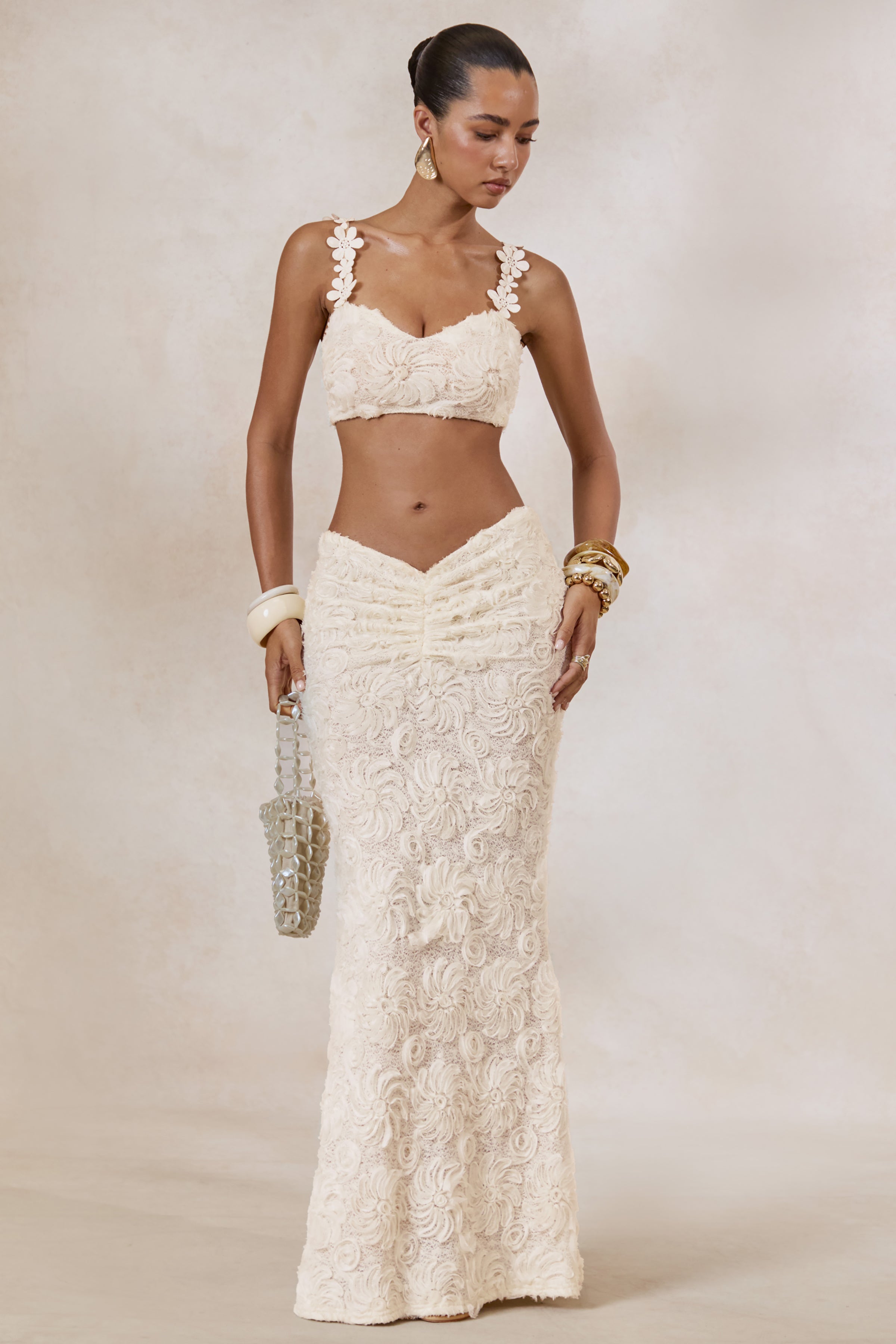 Driftly | Skirt Women's White Lace Maxi With Gathered Detailing