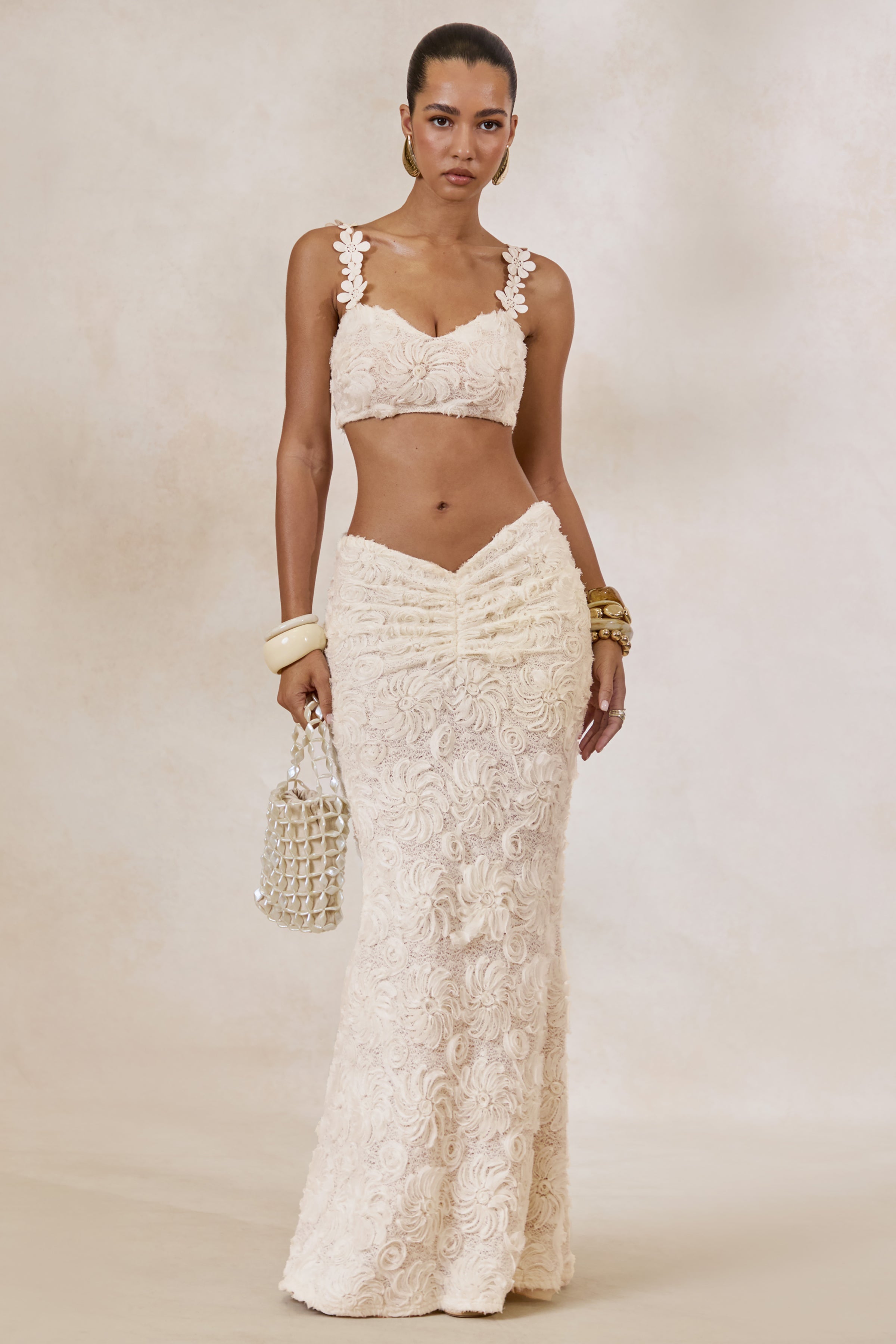 Driftly | Skirt Women's White Lace Maxi With Gathered Detailing