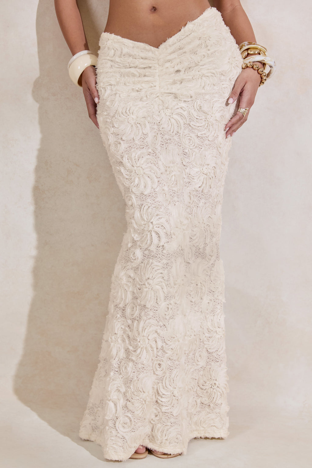 Driftly | Skirt Women's White Lace Maxi With Gathered Detailing