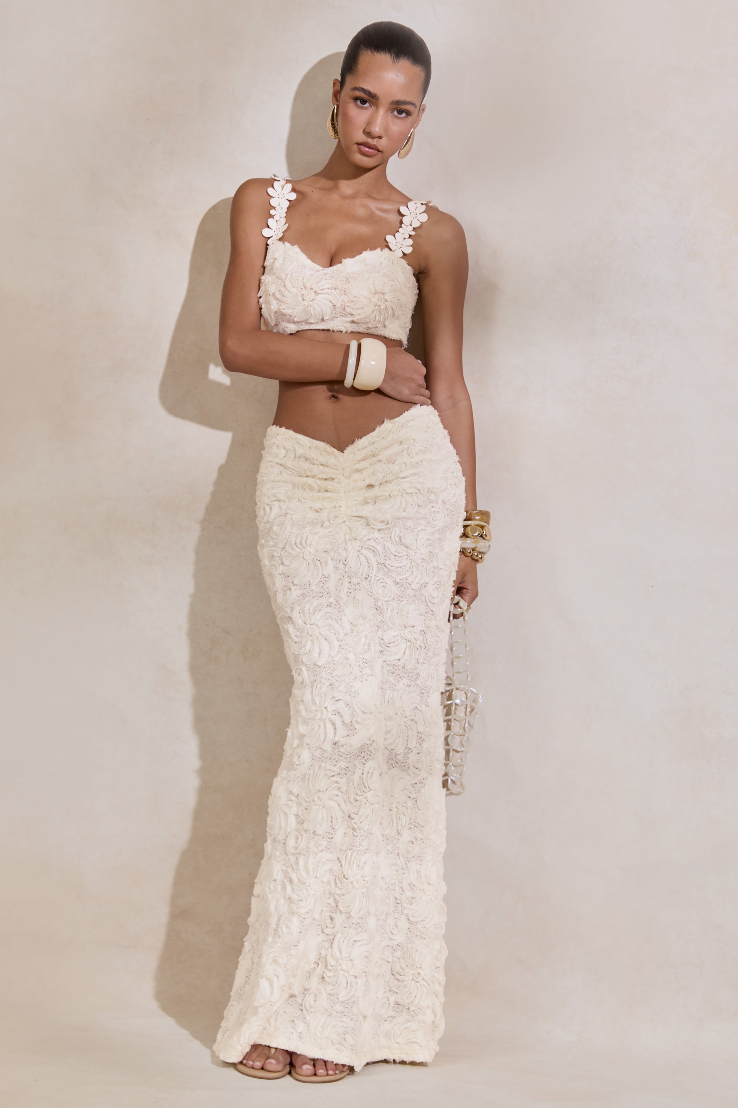 Driftly | Skirt Women's White Lace Maxi With Gathered Detailing